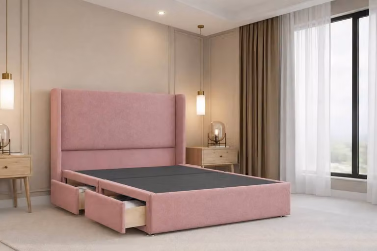 Chester & Oakley Velora Plush Divan Bed Base with 2 Drawers and Winged Headboard, Pink, W/D/H: 120 x 200 cm