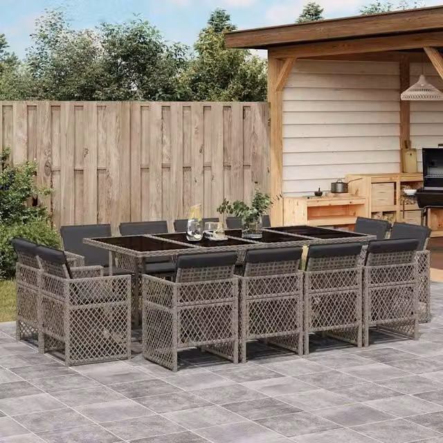 Berkfield Home 13 Piece Grey Poly Rattan Garden Dining Set with Cushions and Glass Tabletop – 1