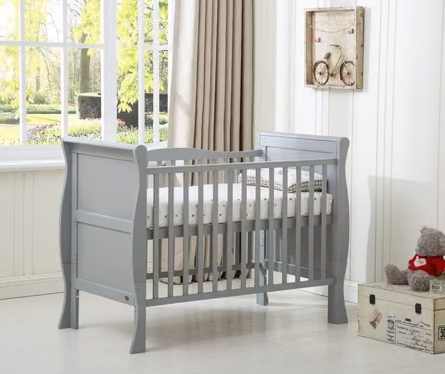 MCC Direct CozyCubs Savannah Wooden Curved Sleigh Baby Cot Bed with Mattress, Grey, W/D/H: 120 x 60 x 60 cm