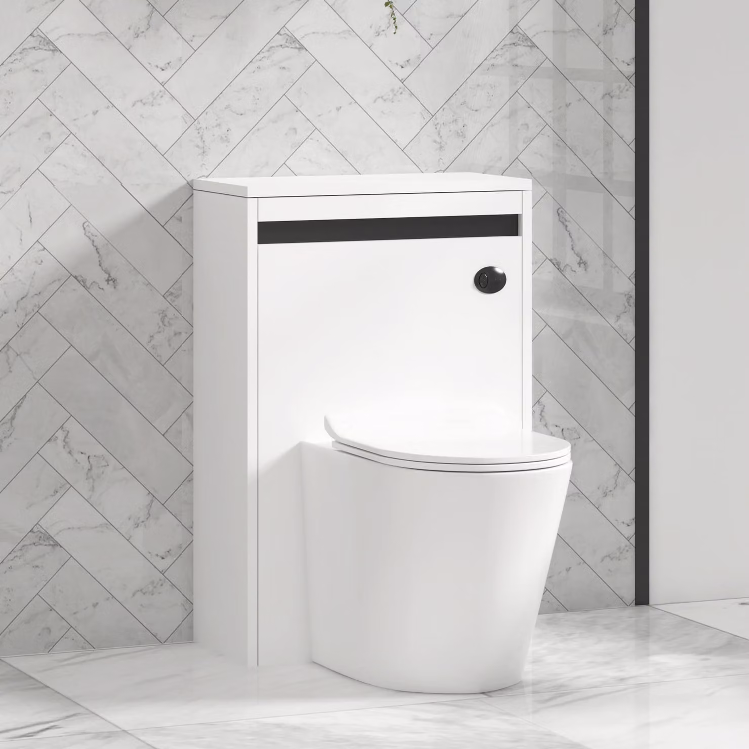 Royal Bathrooms Orion Matt White Back to Wall WC Unit with Cesar Rimless Ceramic Toilet Pan, Slim Seat and Cistern with Black Accent Trim, Width: 54 cm
