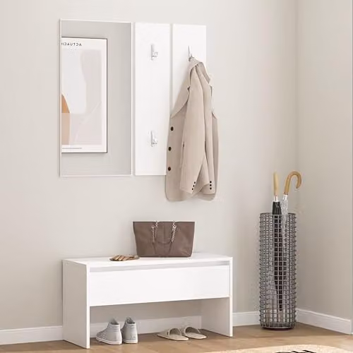 vidaXL Modern White Hallway Furniture Set with Bench, Mirror and Wall Rack in MDF – 2