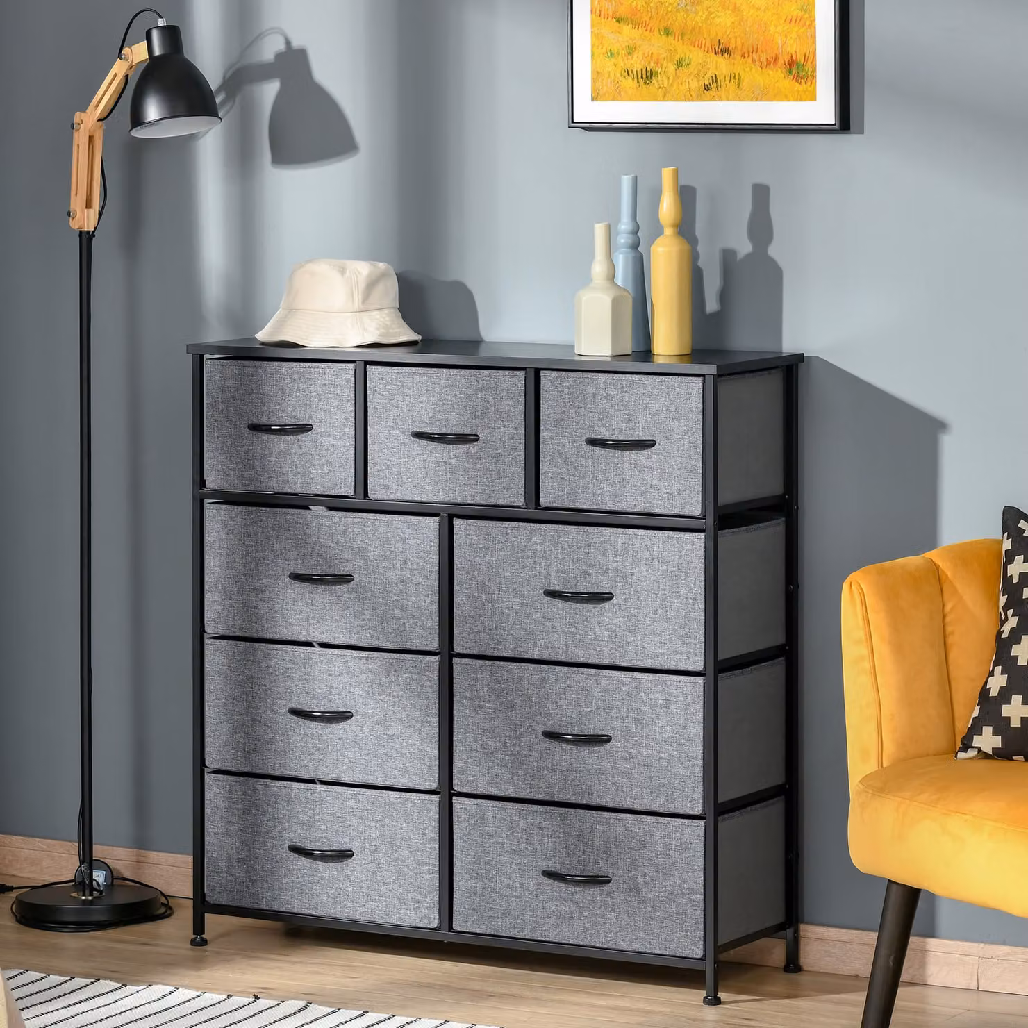 HOMCOM 9 Drawer Storage Chest Dresser with Fabric Bins in Black and Grey – 2