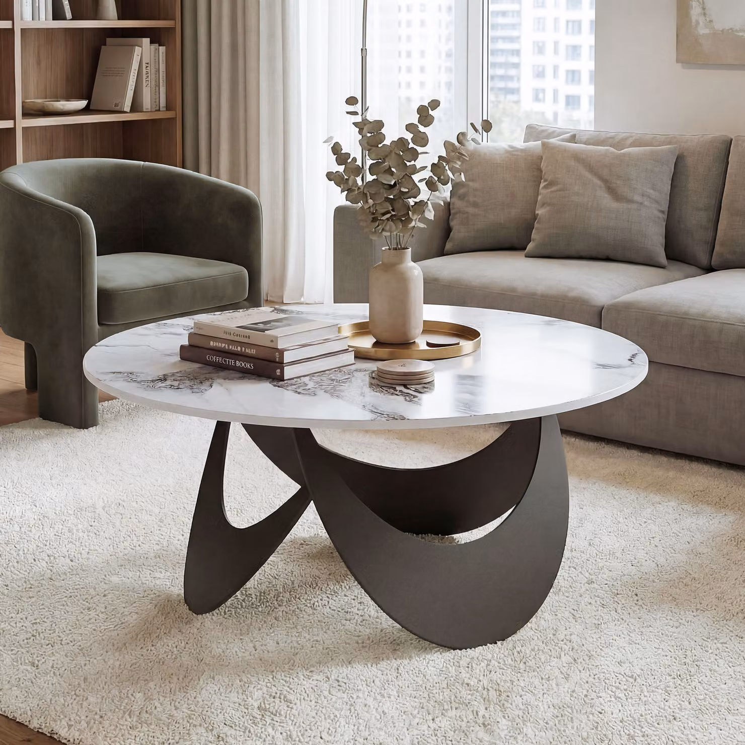 HOMCOM Modern Coffee Table with Sintered Stone Top and Adjustable Foot Pads, White and Black, W: 80 cm, D: 80 cm, H: 40 cm – 7