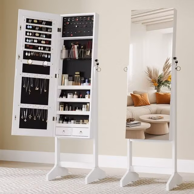 Dprodo Standing Jewelry Armoire Cabinet with Full Length Mirror in White – 1