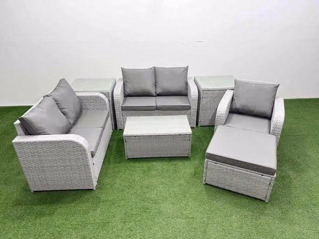 Fimous Grey Poly Rattan Garden Furniture Set with 2 Seater Sofa, Lounge Armchair, Ottoman and Coffee Table