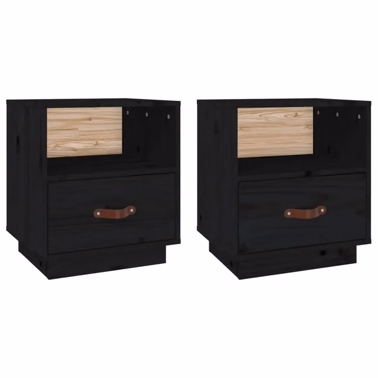 Berkfield Home Set of 2 Black Solid Wood Pine Bedside Cabinets, W: 40 cm, D: 34 cm, H: 45 cm