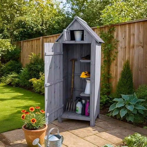 Airwave Bideford Wooden Garden Tool Cabinet Shed in Grey, W/D/H: 63 x 25 x 125 cm