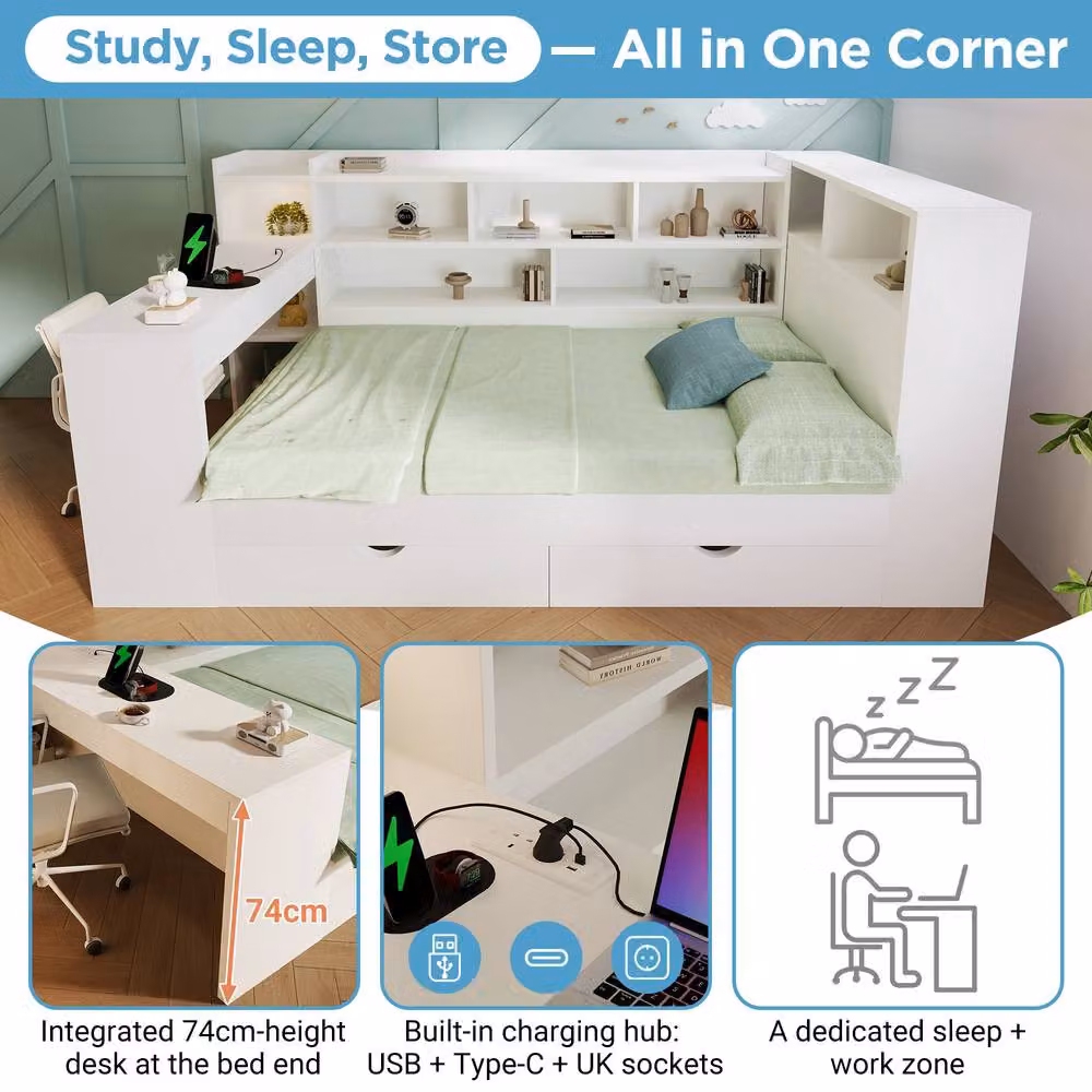 Merax White Solid Wood Daybed with Storage Drawers, Bedside Shelf and USB Charging Port, W/D/H: 140 x 200 cm – 3