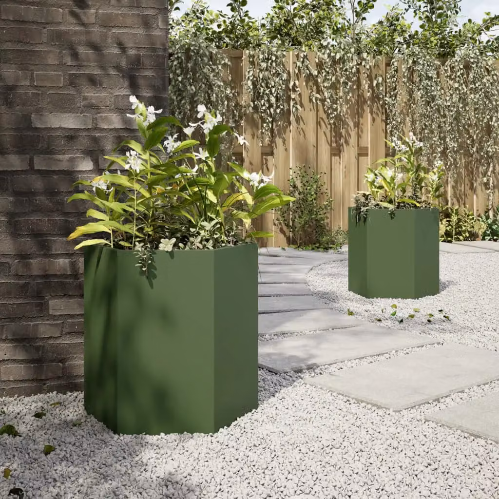Berkfield Home Garden Hexagon Steel Planter Set, 2 Pieces, Green, W: 46 cm, D: 40 cm, H: 45 cm – 3