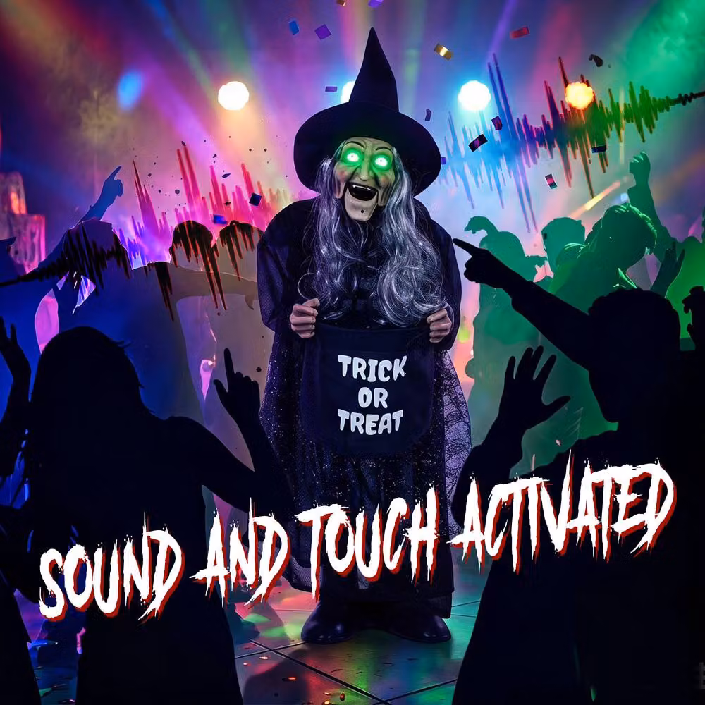 HOMCOM 94 cm Animated Witch Halloween Decoration with Light Up Eyes in Black, Silver and Green – 4