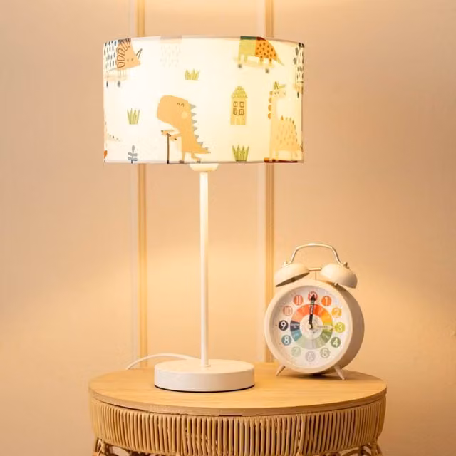 ValueLights White Metal Single Stem Table Lamp with Multicolour Cartoon Dino Fabric Drum Shade