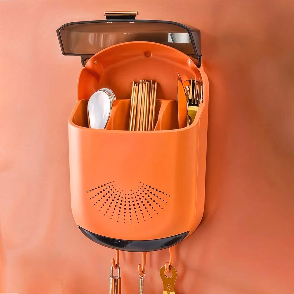 PAWNORA Wall Mounted Plastic Kitchen Utensil and Cutlery Holder, Orange, H: 35.0 cm x W: 21.0 cm x D: 2.0 cm – 2