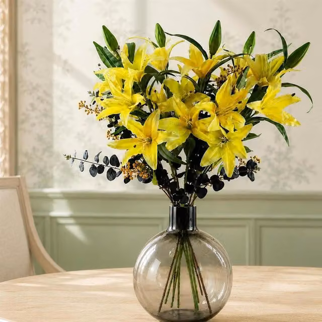Botanik 100cm Artificial Yellow Lily and Black Eucalyptus Flower Arrangement in a Round Glass Ball Vase