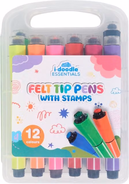 i-doodle Pack of 12 Multicolour Felt Tip Pens with Stamps and Ink