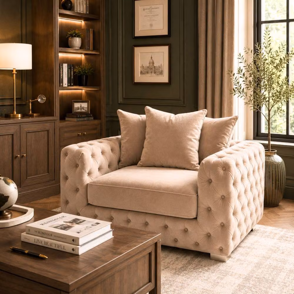 Stratus Interiors Ashley Luxe Chesterfield L-Shape Scatter Back Sofa in Beige Velvet – 3