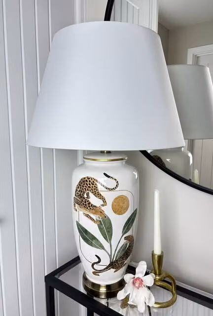 Downton Interiors Leopard Green and Gold Ceramic Table Lamp with White Fabric Shade