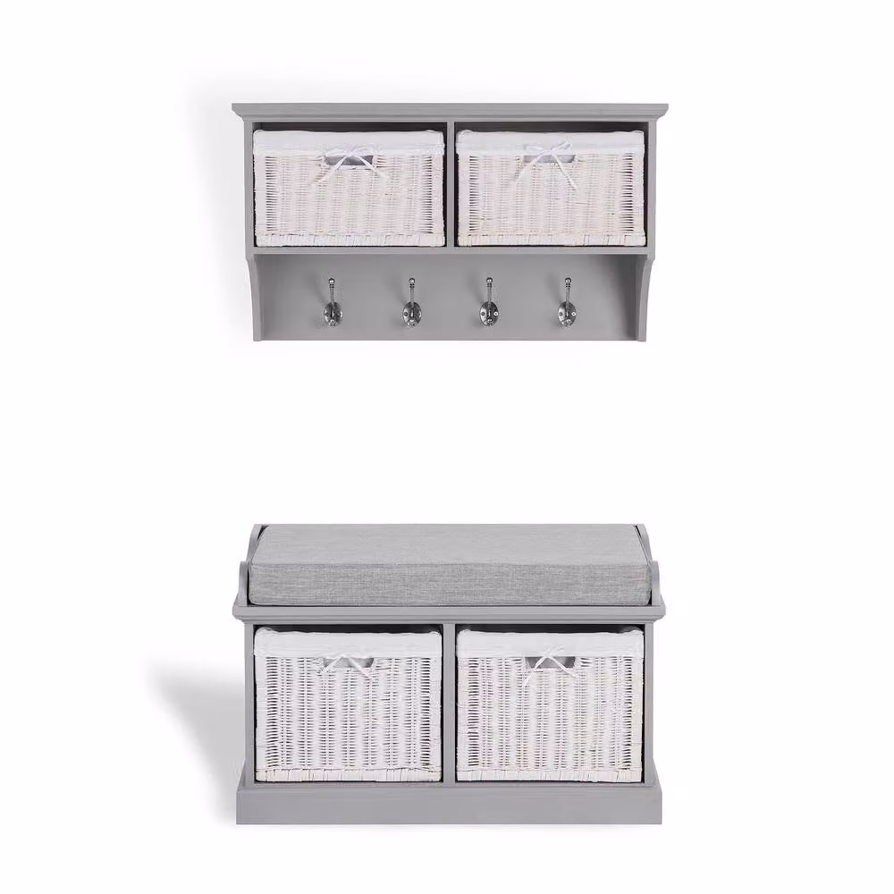 Statement Furniture Tetbury 2 Hallway Bench Set with White Wicker Basket and Grey Fabric Cushion – 2
