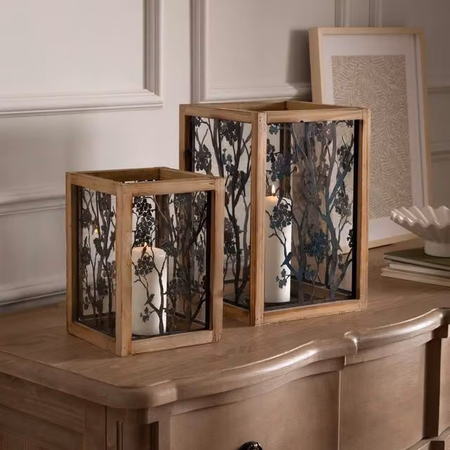 Voyage Maison Paloma Antique Brown Wooden Floral Tabletop Lanterns, Set of 2