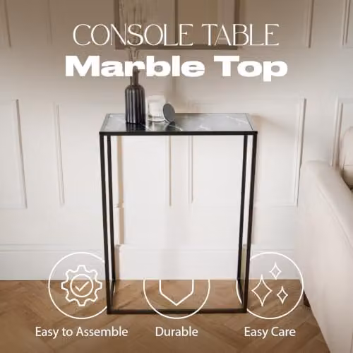 OHS Black Marble Look Console Table with Metal Frame, W: 76 cm, D: 56 cm, H: 26 cm – 2
