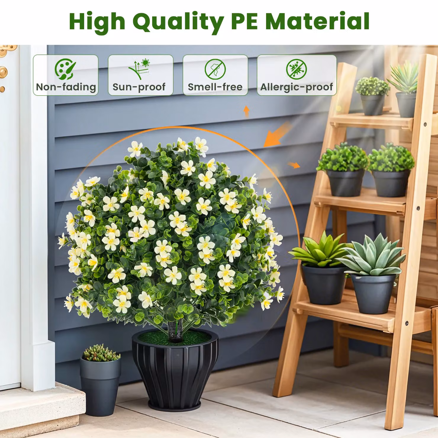 Gymax 2-Pack Artificial Boxwood Topiary Ball Trees with Flowers in White Pots, Height: 54 cm – 6