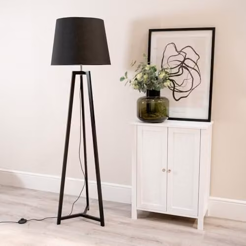 ValueLights Black Wood Tripod Floor Lamp with Tapered Fabric Lampshade and Included LED Bulb – 2