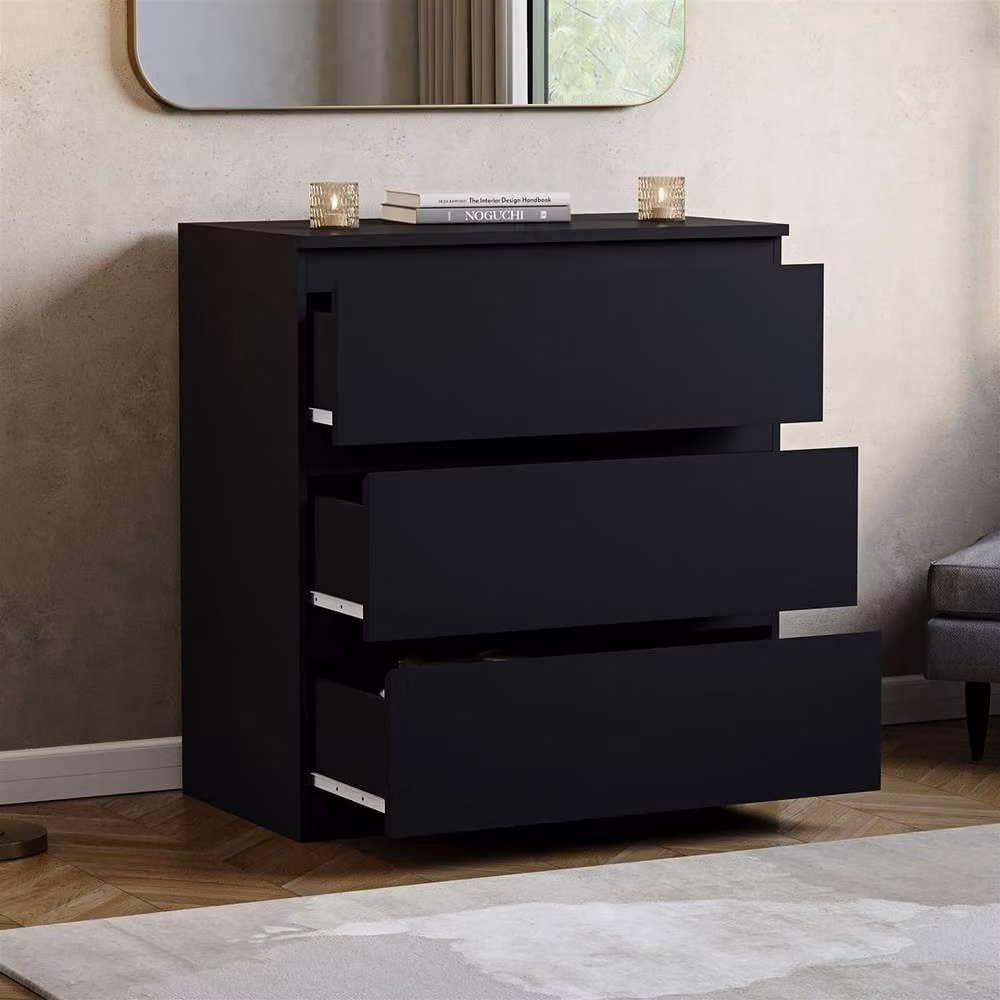 FORGEVIO Matt Black 3 Drawer Bedside Chest Freestanding Bedroom Storage – 3