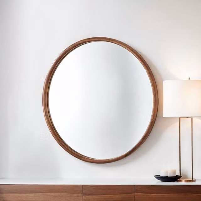 Yearn Round Wood Wall Mirror in Brown, Diameter: 90 cm