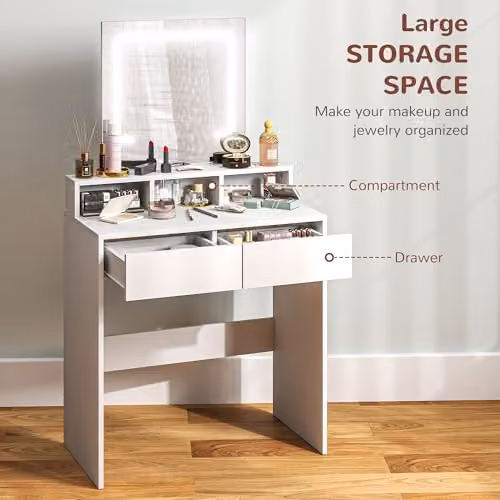 HOMCOM Modern LED Dressing Table with Mirror and 2 Drawers for Bedroom, Black or White, W/D/H: 135 x 38 x 75 cm – 2