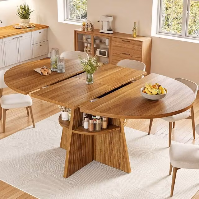 Merax Round Extendable Storage Dining Table in Brown, Diameter: 110 cm to 150 cm – 1