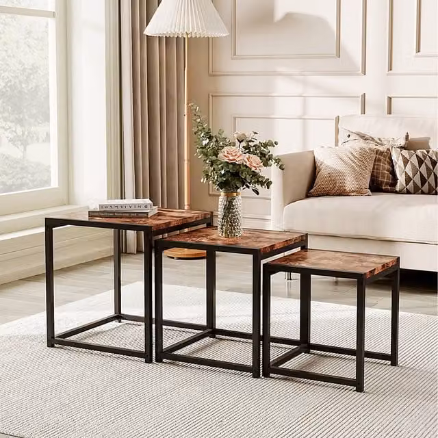 Komore Set of 3 Square Nesting Coffee Tables in Brown and Black Industrial Wood and Metal Design