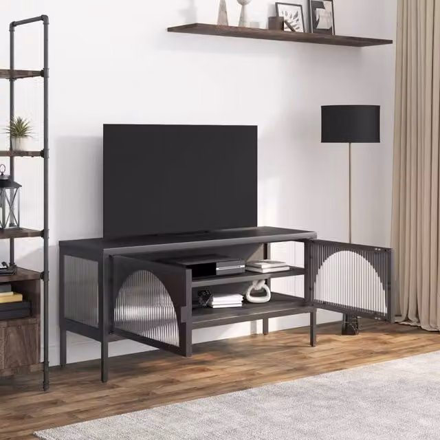 Berkfield Home Industrial TV Cabinet in Black with Glass and Steel, W/D/H: 105 x 35 x 50 cm