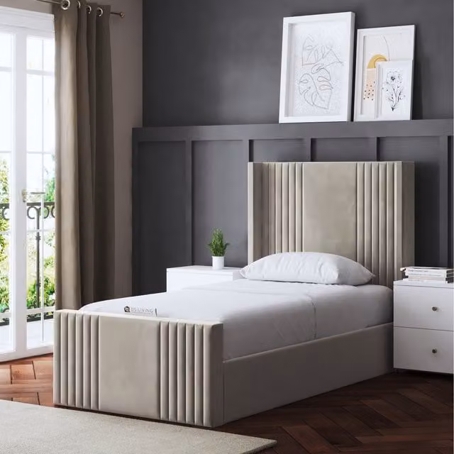 DS Living Elara Winged Ottoman Panel Bed with Headboard in Beige Velvet, W/D/H: 180 x 200 cm