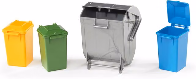 Bruder Garbage Can Set with 3 Small and 1 Large Bin, Grey and Multicolour Plastic Play Accessories
