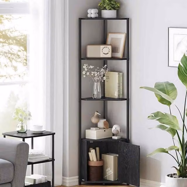 The Bazaarist 5 Tier Industrial Corner Storage Shelf with Adjustable Shelves, Black