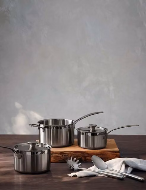 M&S x Tom Kerridge 3 Piece Stainless Steel and Copper Saucepan Set with Lids, Silver