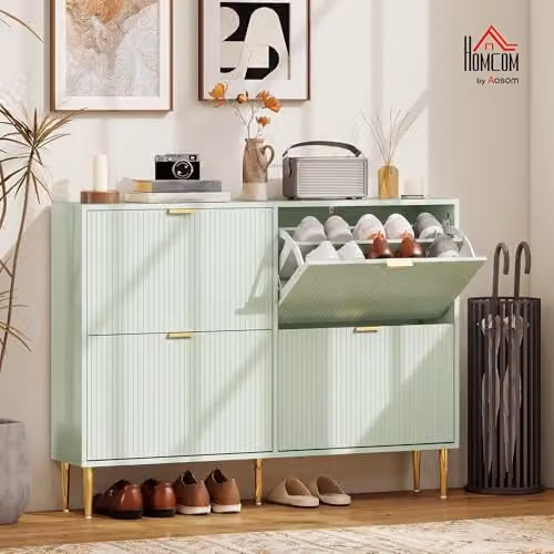 HOMCOM Modern Slim Shoe Storage Cabinet with 4 Tilting Compartments and Internal Shelves, Green and Gold, H 105 x W 91.5 x D 24 cm – 2