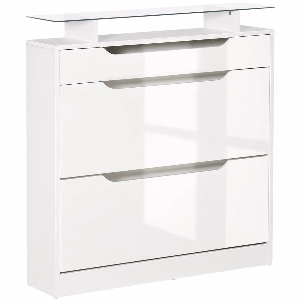 Wyld Haus Masola White Narrow Shoe Cabinet with 2 Flip Doors, Slide-Out Drawer and Tempered Glass Top – 2