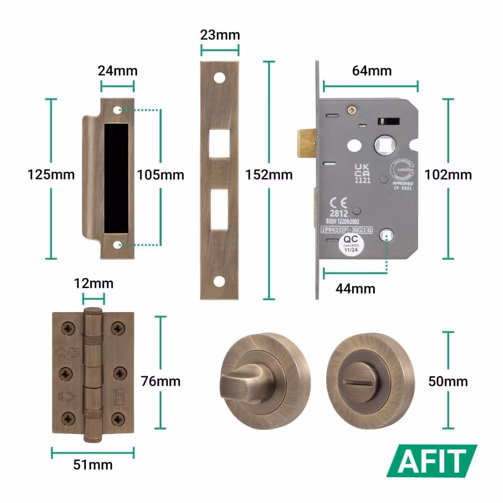 AFIT Antique Brass Bathroom Door Handle Set with WC Lock and Hinges in Bronze – 4