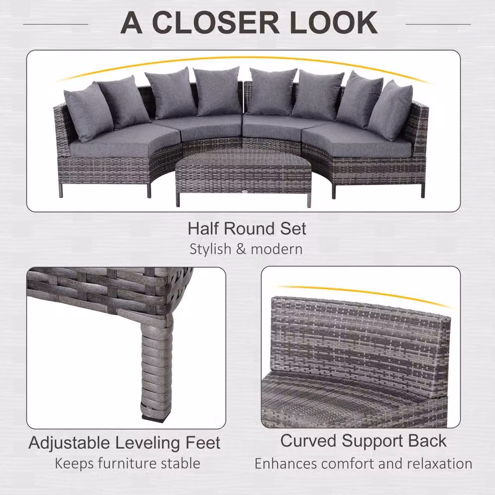 Wyld Haus Reka Grey 5 Piece Half Round Outdoor Rattan Sofa Set with Coffee Table – 5