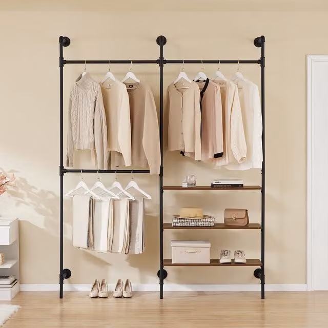 SoBuy Modern Wall-Mounted Clothes Rail with 3 Shelves in Matt Black Metal