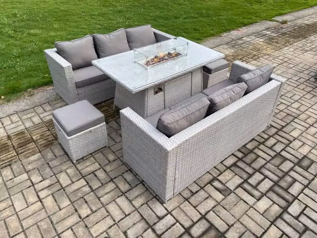 Fimous Garden Dining Set with PE Rattan Furniture, Gas Fire Pit Dining Table and 2 Footstools in Light Grey