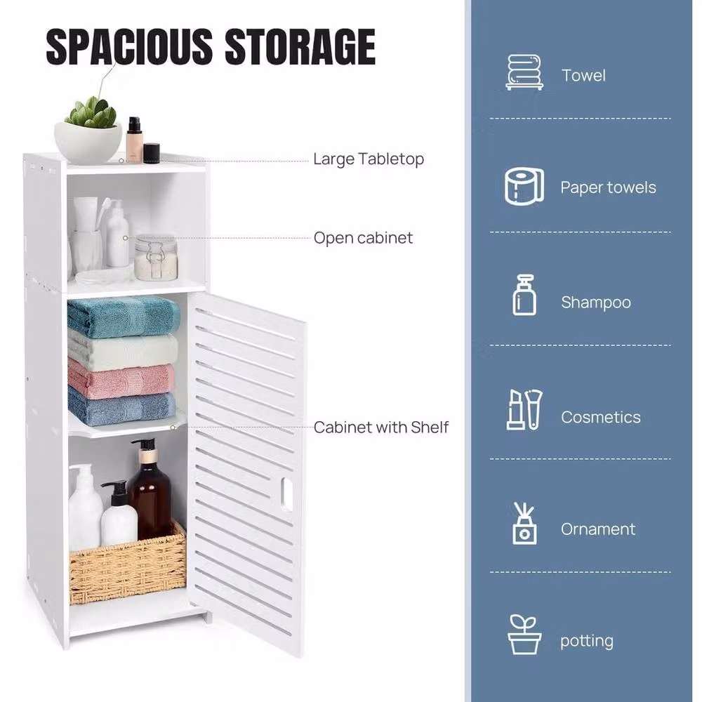 KORVIXA White 3 Tier Freestanding Corner Bathroom Storage Cabinet with Hinged Doors, W: 70 cm, H: 65 cm – 2