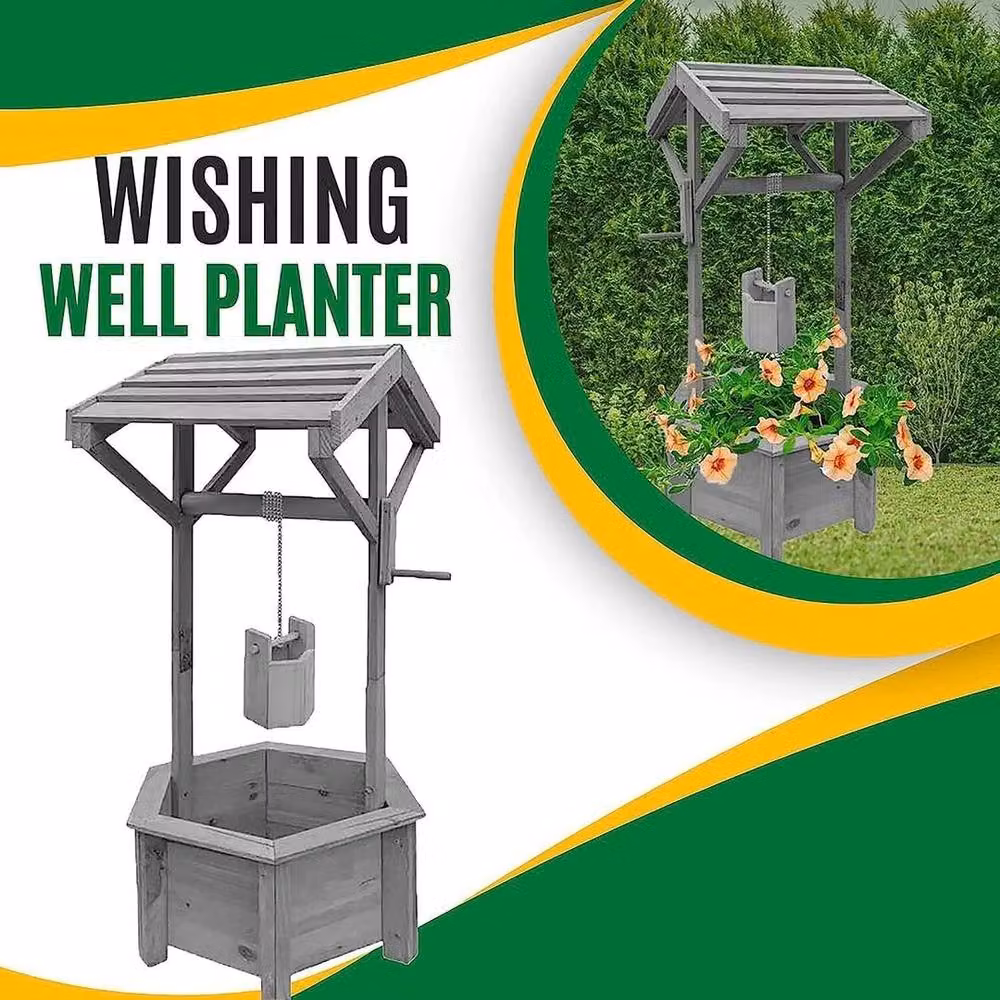 Kelvenix Wooden Wishing Well Planter with Hanging Bucket in Grey, W/D/H: 43.0 x 35.0 x 77.0 cm – 3
