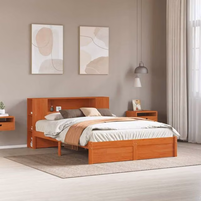 Berkfield Home Solid Pine Bed Frame with Storage Headboard and Side Compartments, Wax Brown, 140 x 190 cm