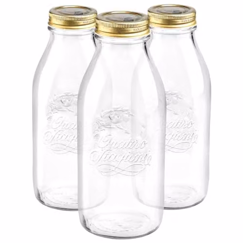Bormioli Rocco Quattro Stagioni Glass Bottles with Screw Top Lids, Pack of 3, 1 l, Transparent and Gold – 1