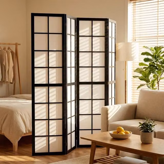 HOMCOM 4 Panel Folding Geometric Room Divider in Black Wood