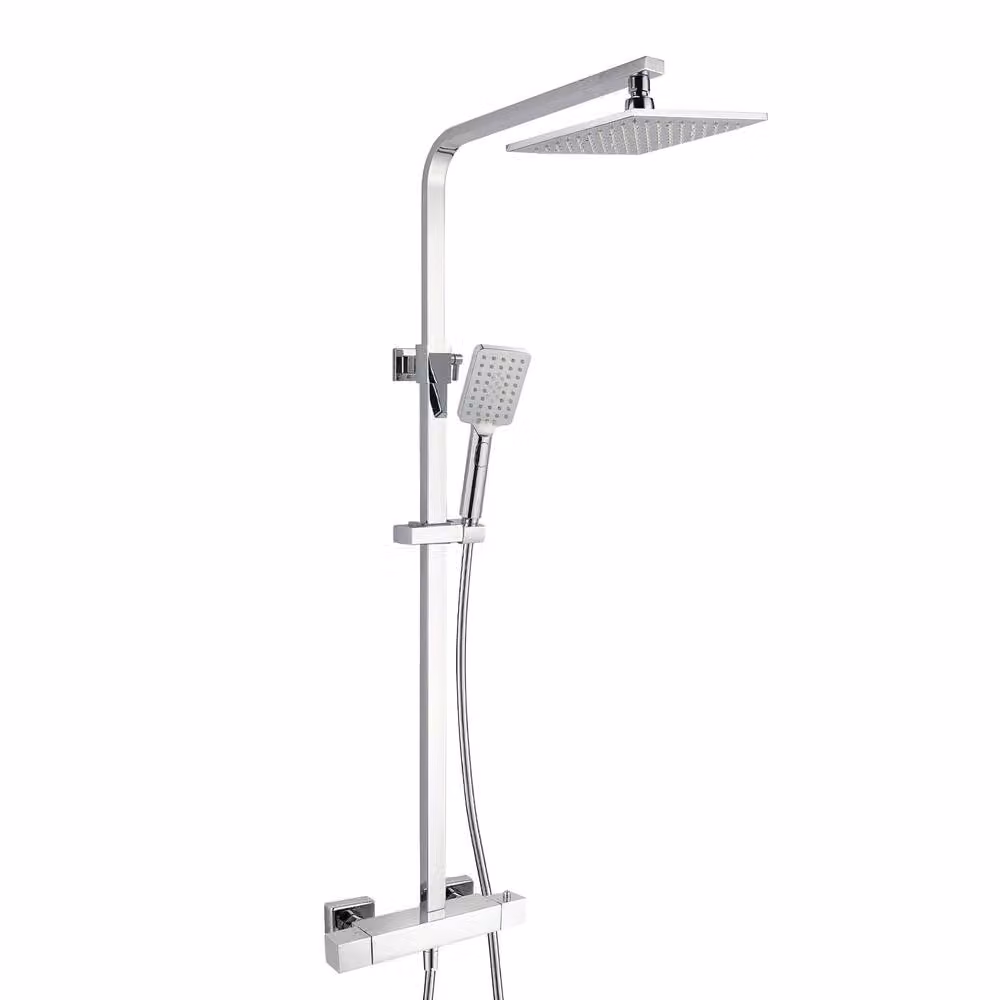 Nes Home Chrome Shower Head with Square Thermostatic Bar Valve and Riser Rail Kit in Silver – 2
