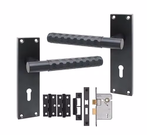 Golden Grace Victorian Knurled Lock Door Handle Set with Rosette in Matt Black Zinc Alloy – 1
