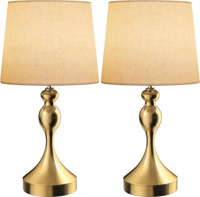 HOMCOM Set of 2 Modern Table Lamps in Gold with Beige Fabric Shades, featuring USB A+C Charging Ports and 3 Colour Temperatures for your Bedroom, Living Room or Home Office – 1