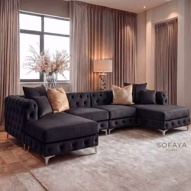 Sofaya Monaco 4 Seater Chesterfield U-Shaped Chaise Sofa in Black Velvet